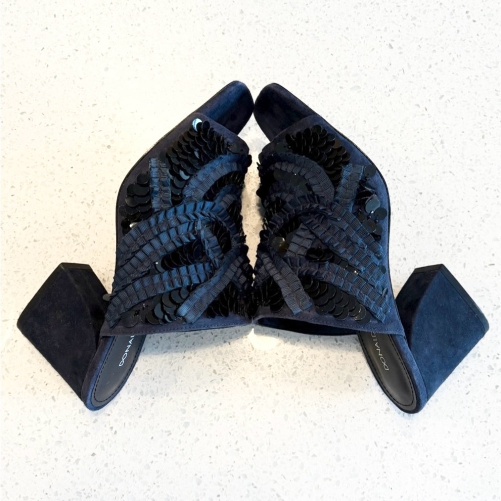 Navy Blue Block Heel Open Toe Slide Sandals Leather & Suede With Sequin Design - Picture 2 of 15